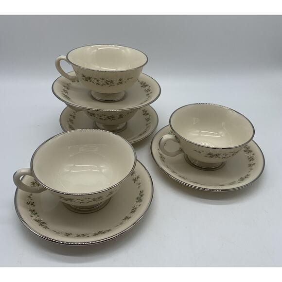 Vtg Lenox Brookdale Cup And Saucer Platinum Trim Set Of 4 Retired - Picture 3 of 8
